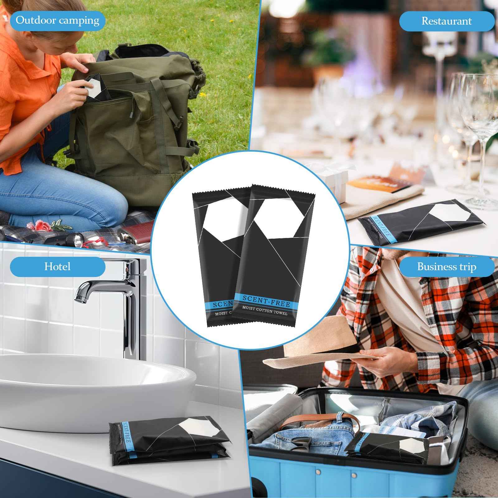 150 Pcs Moist Towel Bulk Moist Towelettes Individually Wrapped,White Towel Services 8.5''x8.5'' Unscented Wet Hand Towels,Disposable Refreshment Pre Moistened Towels for Travel Camping Sport Spa Party