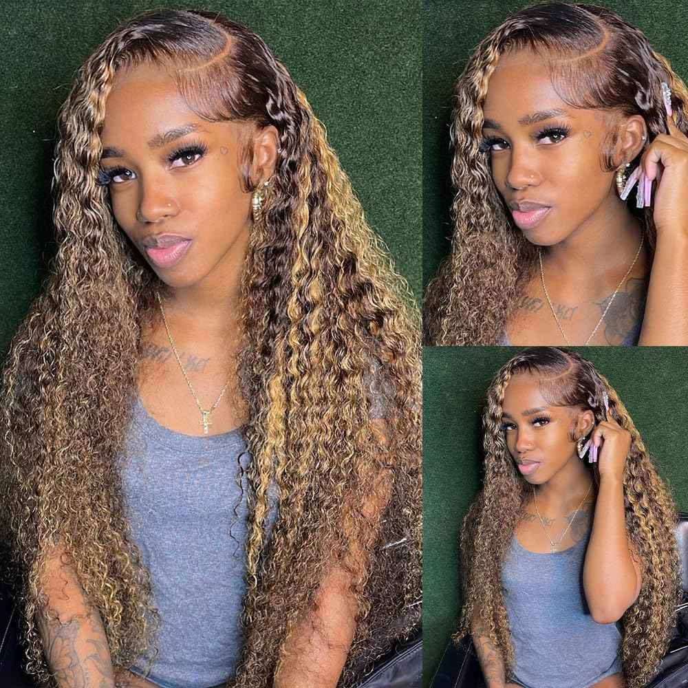 Highlight Ombre Lace Front Wigs Human Hair Honey Blonde Deep Wave 13x6 HD Transparent Lace Frontal Wigs Human Hair P4/27 Colored Curly Wig for Women 180% Density Glueless Pre Plucked 24 Inch Wig