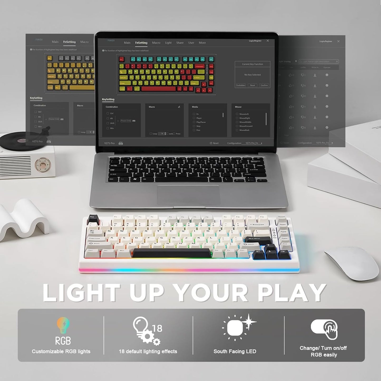 YUNZII YZ75 75% Hot Swappable Wireless Gaming Mechanical Keyboard, RGB Backlights, BT5.0/2.4G/USB-C, Dye Sub PBT Keycaps for Linux/Win/Mac(Gateron G Pro Red, Black)