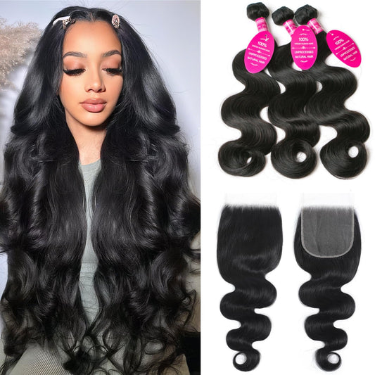 12A Human Hair Bundles with Closure 20 22 24+18 Inch Body Wave Bundles with 4x4 HD Lace Closure Human Hair 100% Brazilian Virgin Hair Extensions 3 Bundles Deals Hair Quick Weave Natural Black