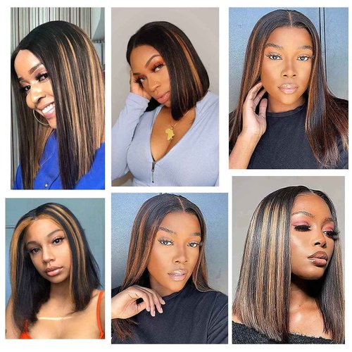 QTIKER Stylish Highlight Bob Wig 1b30 Human Hair 13x4 Frontal Lace Preplucked Colored Bob Wigs Transparent Lace Short Style Bobbing Wig (13X4 1b30 BOB, 16 INCH)