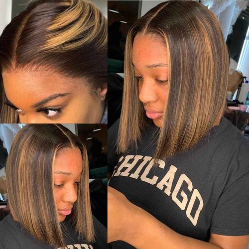 QTIKER Stylish Highlight Bob Wig 1b30 Human Hair 13x4 Frontal Lace Preplucked Colored Bob Wigs Transparent Lace Short Style Bobbing Wig (13X4 1b30 BOB, 16 INCH)