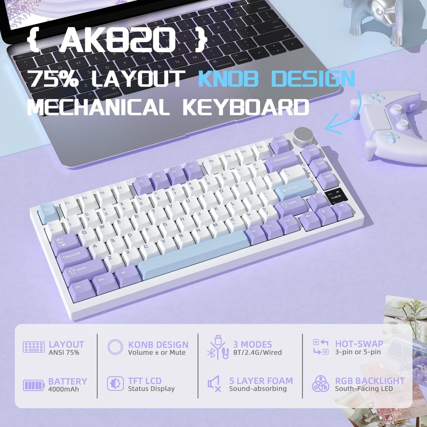Attack Shark ajazz AK820 Wired Mechanical Gaming Keyboard with Volume Knob Hot Swappable 75% Gasket Keyboard 5-Layer Noise Absorbing Foam PBT Keycap Ice Blue Backlit Blue Switch for PC/Win/Mac-White