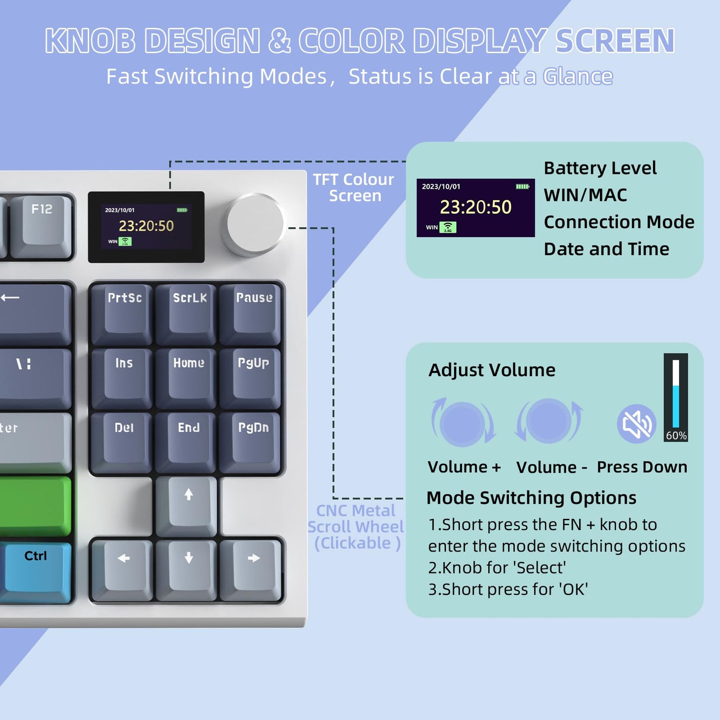 ATTACK SHARK RK86 Gaming RGB 75% Wireless Mechanical Keyboard, 82 Keys 2.4G/Bluetooth/USB-C Hot Swappable Gaming Keyboard 4000 mAH Battery w/Knob & 1.2'' HD OLED Display, Custom Linear Switches