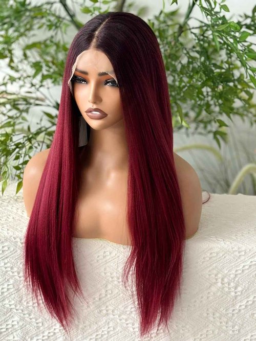 Emistar Ombre Burgundy Layered Straight Synthetic Lace Front Wig for Black Women 13x6 Lace Front Wigs Soft & Natural as Human Hair Pre Plucked with Baby Hair Long Straight Synthetic Wig 22 Inch