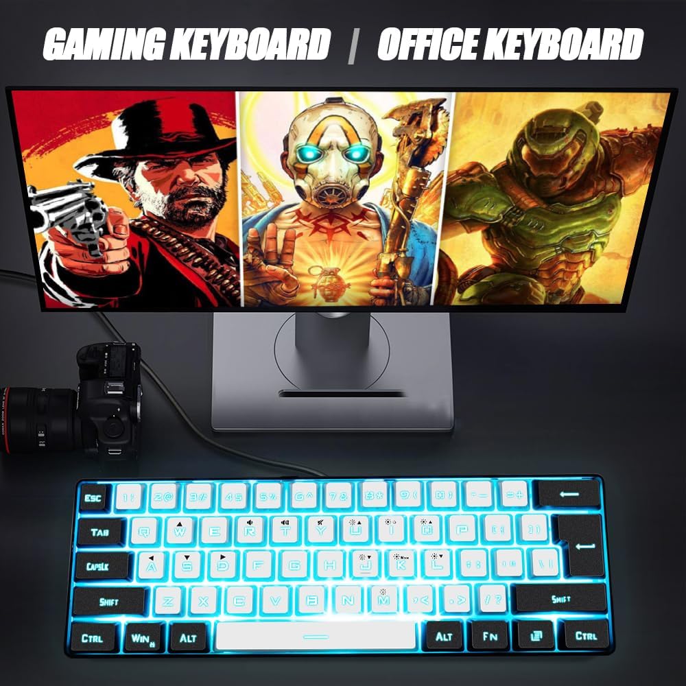 abucow Gaming Keyboard Minimalist Portable Wired Ultra-Compact Mini Imitation 61 Keys RGB Backlit Keyboard (Black-White)