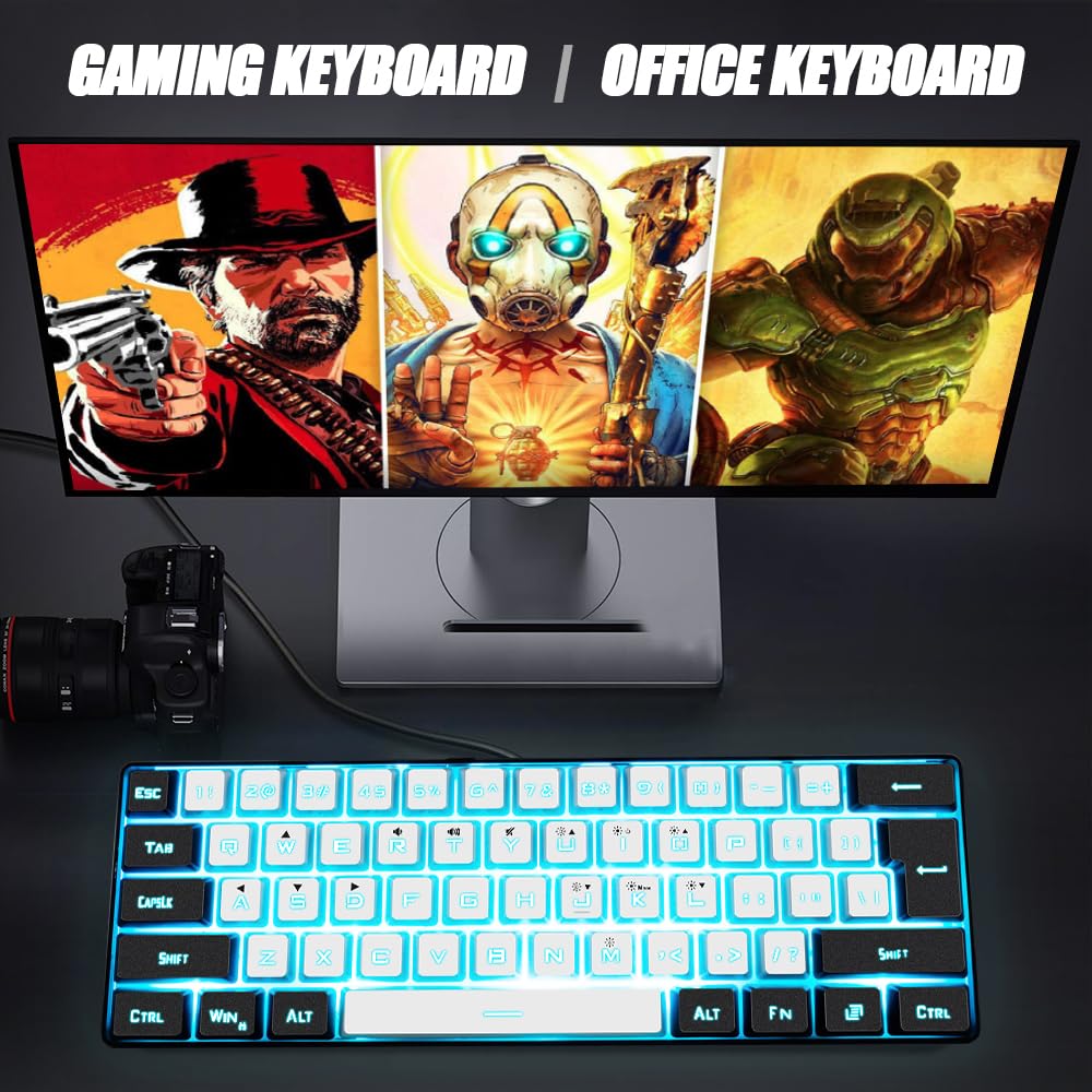 abucow Gaming Keyboard Minimalist Portable Wired Ultra-Compact Mini Imitation 61 Keys RGB Backlit Keyboard (White-Black)