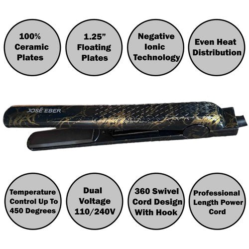 Jose Eber: 100% Pure Ceramic Flat Iron: Black Marble - 1.25" Plates - Temperature Control, Negative Ionic Technology, Professional Hair Straightener