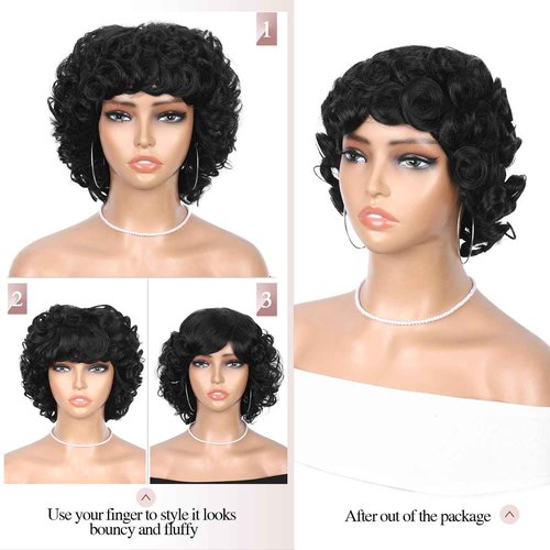 Fancy Hair Short Rose Curl Human Hair Wigs Big Curly Bob With Bangs No Lace Front Human Hair Wig for Black Women Daily Use (99J)