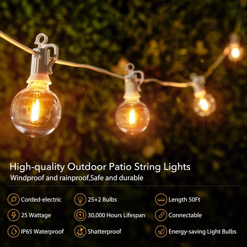Outdoor String Lights - 50 Ft Waterproof Connectable Commercial LED Patio Lights with 25 G40 Globe Bulbs, All Weatherproof Hanging Globe Light for Outside Backyard Porch Party Decoration