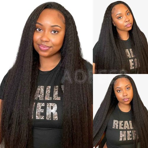 AOFEER Kinky Straight 3 in 1 Half Wig Human Hair 200 Density Upgrade Headband Wig No Glue Seamless Flip Over Yaki Straight Wig with Drawstring Wear and Go Glueless Wigs for Women 18 Inch