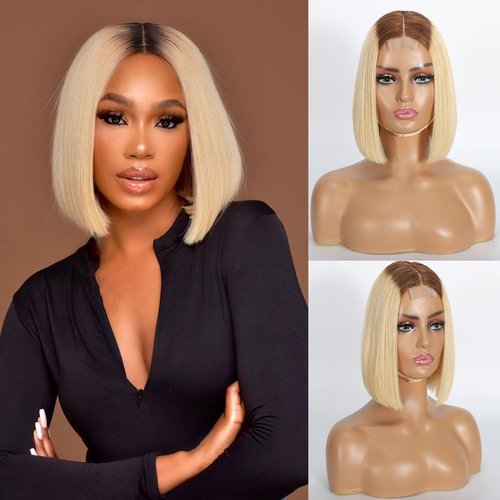 Selina Hair 2x6 HD Bob Lace Front Wigs Human Hair Ombre Blonde Bob Wig Human Hair P4/613 Color Straight Pre Plucked with Baby Hair Unprocessed Virgin Hair for Women 10 Inch