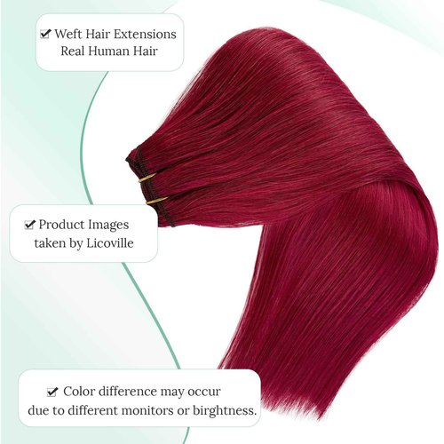 Burgundy Sew in Hair Extensions Real Human Hair Wefts, 22 Inch 120G Full Head Double Weft Burgundy Hair Weft Extensions Hand Tied Natural Straight Human Hair Sew in Extensions for Women