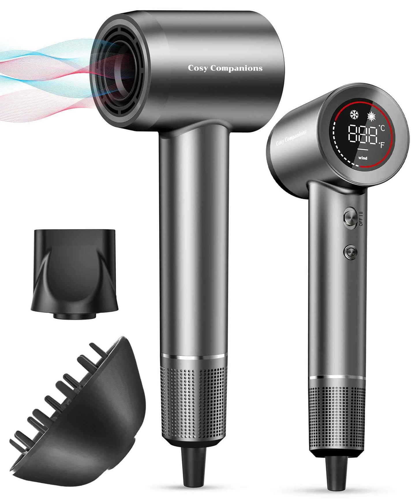 Hair Dryer - Negative Ionic Blow Dryer with 150000 RPM High Speed Brushless Motor for Fast Drying, Low Noise, HD Display Hair Dryer with Diffuser and Nozzle, 5 Temps & 2 Speeds