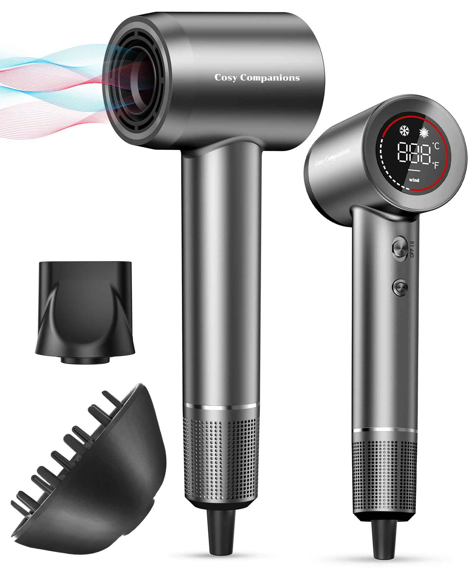 Hair Dryer - Negative Ionic Blow Dryer with 150000 RPM High Speed Brushless Motor for Fast Drying, Low Noise, HD Display Hair Dryer with Diffuser and Nozzle, 5 Temps & 2 Speeds