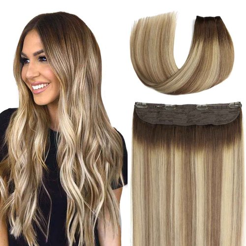 SURNEL Haol Hair Extensions Real Human Hair Balayage Walnut Brown to Ash Brown and Golden Blonde Remy Invisible Wire Hair Extensions14 inch 65g(14,3/8/22)