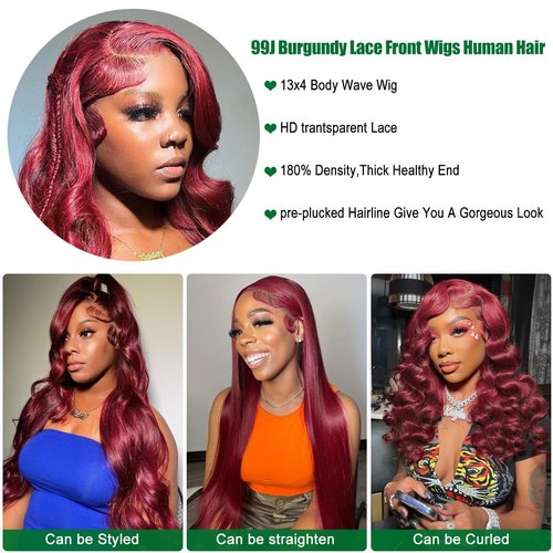 Cikana Body Wave 99j Burgundy 13x4 Lace Front Wig Human Hair 180% Density Glueless Burgundy Red Wigs Human Hair 99j Body Wave Wigs for Women 24 Inch