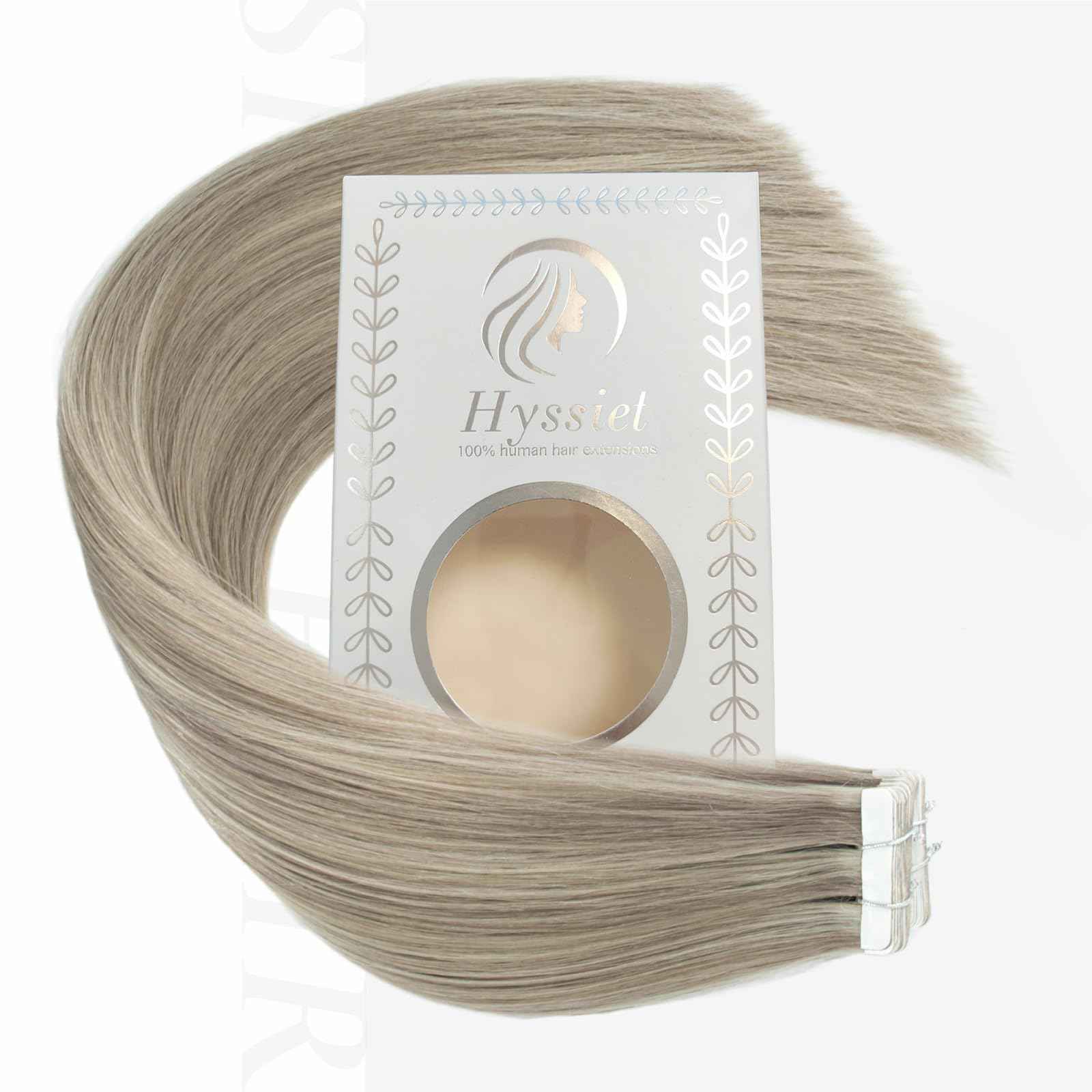 Hyssiet Tape in Hair Extensions Human Hair, 20pcs 50g 14 Inch Ash Blonde Highlighted Bleach Blonde Human Hair Tape in Extensions, Invisible Silky Straight Tape in Hair,Natural Thick Real Human Hair