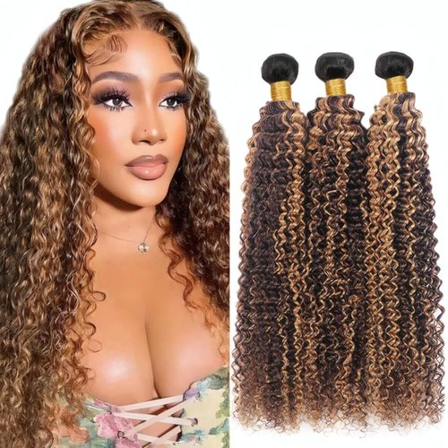 LOIUMGUU T1BP4/27 Honey Blonde Bundles Ombre Brown Kinky Curly Bundles 18 20 22 Inch Brown Mixed Blonde Human Hai Unprocessed Virgin Hair Extensions Double Weft