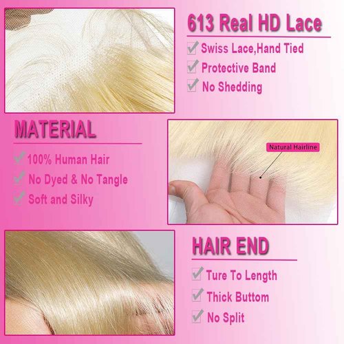 MSTOXIC 613 Frontal Straight 13x6 Transparent HD Lace Frontal Closure 12A Brazilian Virgin Remy Hair Free Part Ear to Ear Blonde Frontal Human Hair For Women Pre Plucked With Baby Hair 150% 14 Inch