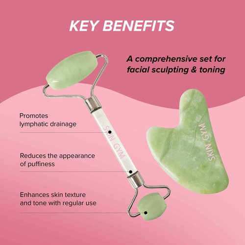 Skin Gym Jade Facial Roller & Gua Sha Tool Workout Set, Revitalizing Skincare for Enhanced Glow & Smooth Skin