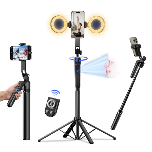 Auto Face Tracking Selfie Stick Tripod for iPhone with Light 70.9" Phone Camera Tripod Stand 360 Rotation Follows Your Movement with Wireless Remote for Content Creator Vlog Live Stream Video Record