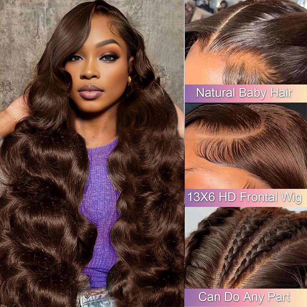 PIOGH 30 Inch Chocolate Brown Lace Front Wig Human Hair 13X6 Body Wave Lace Front Wigs Human Hair Pre Plucked 180 Density Colored Glueless 13X6 HD Lace Frontal Brown Wig Human Hair for Women