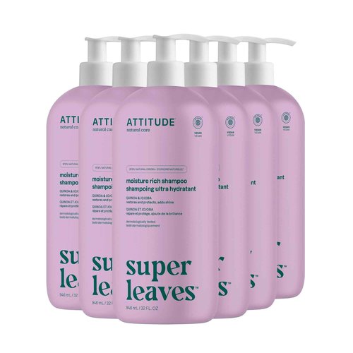ATTITUDE Moisture Rich Hair Shampoo, EWG Verified, For Dry and Damaged Hair, Naturally Derived Ingredients, Vegan and Plant Based, Quinoa and Jojoba, 32 Fl Oz (Pack of 6)