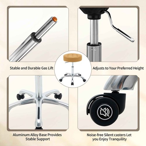 FIRAVOE Rolling Stool Adjustable Height (300lbs Capacity) (Sturdy Aluminum Base) Swivel Massage Stool with Wheels (Camel Brown)
