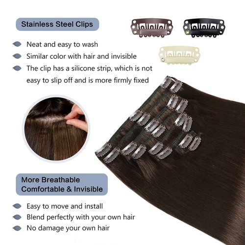 Sunya Real Human Hair Clip in Extensions - Dark Brown, Double Weft, Straight, 20 Inch #2, 8 Pcs/120g