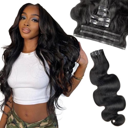 Liqusee Seamless Clip In Hair Extensions Real Human Hair Invisible PU Skin Weft Body Wave Clip Ins 100% Unprocessed Brazilian Remy Human Hair Extensions 7pcs with 16Clips 110g（Natural Black,22 inch）