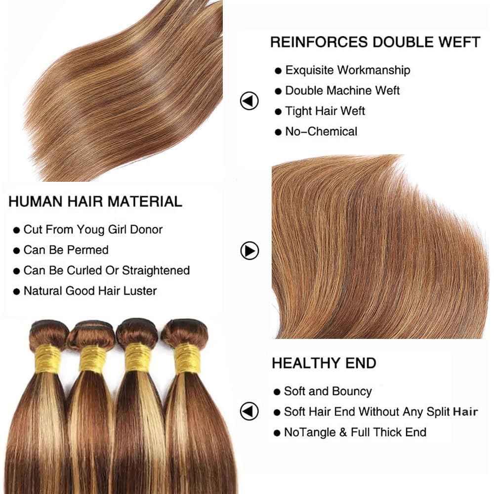 26 28 30 Inch Highlight Bundles Human Hair P4/27 Straight Honey Brown Bundles Brazilian Virgin Human Hair Bundle Brown Highlights Bundle Silky Soft Remy Hair Extensions