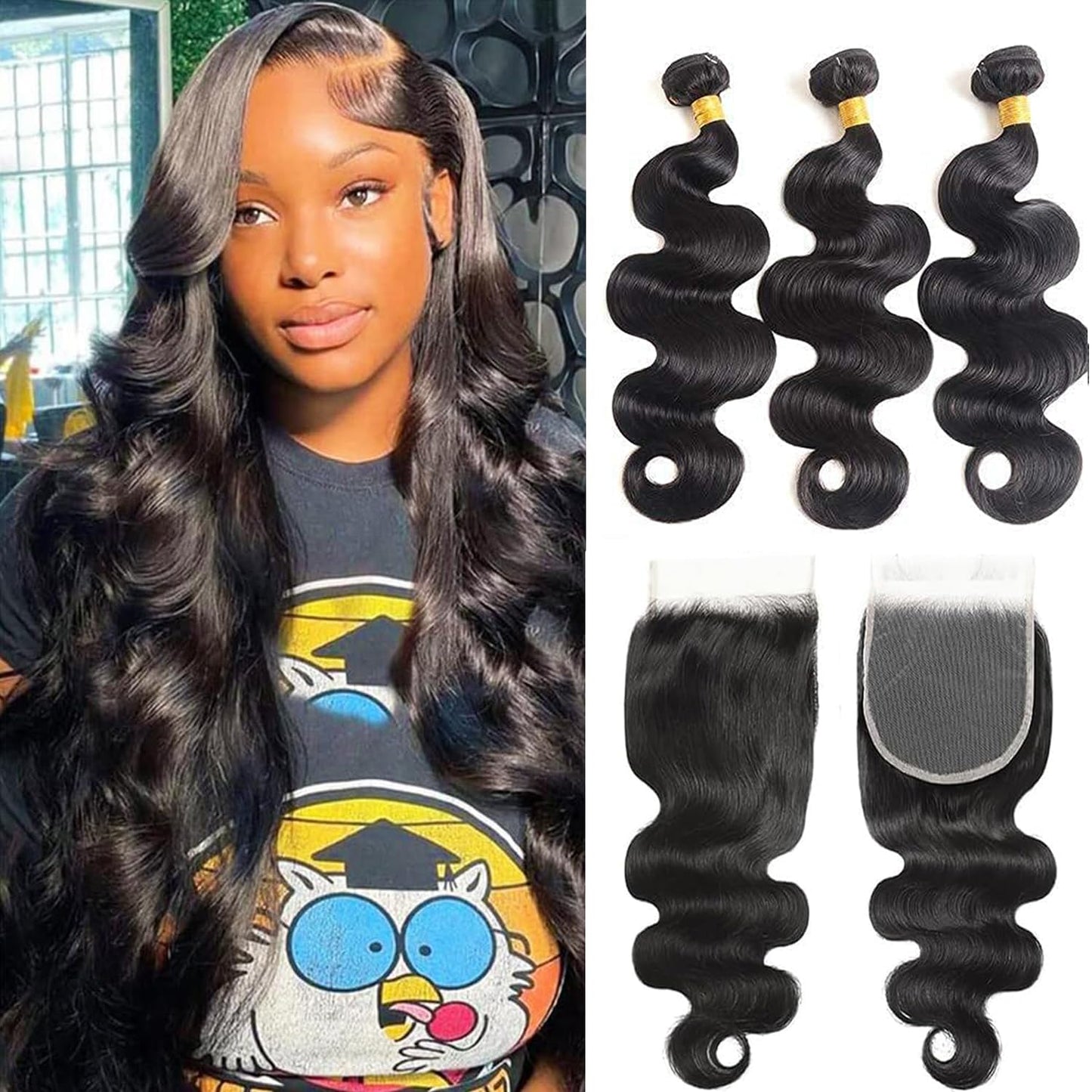12A Body Wave Human Hair Bundles with Closure (20 22 24+18,Free Part) Closure with 3 Bundles Brazilian Virgin Hair Extensions with Pre Plucked with Baby Hair 5X5 HD Lace Closure Natural Black Color