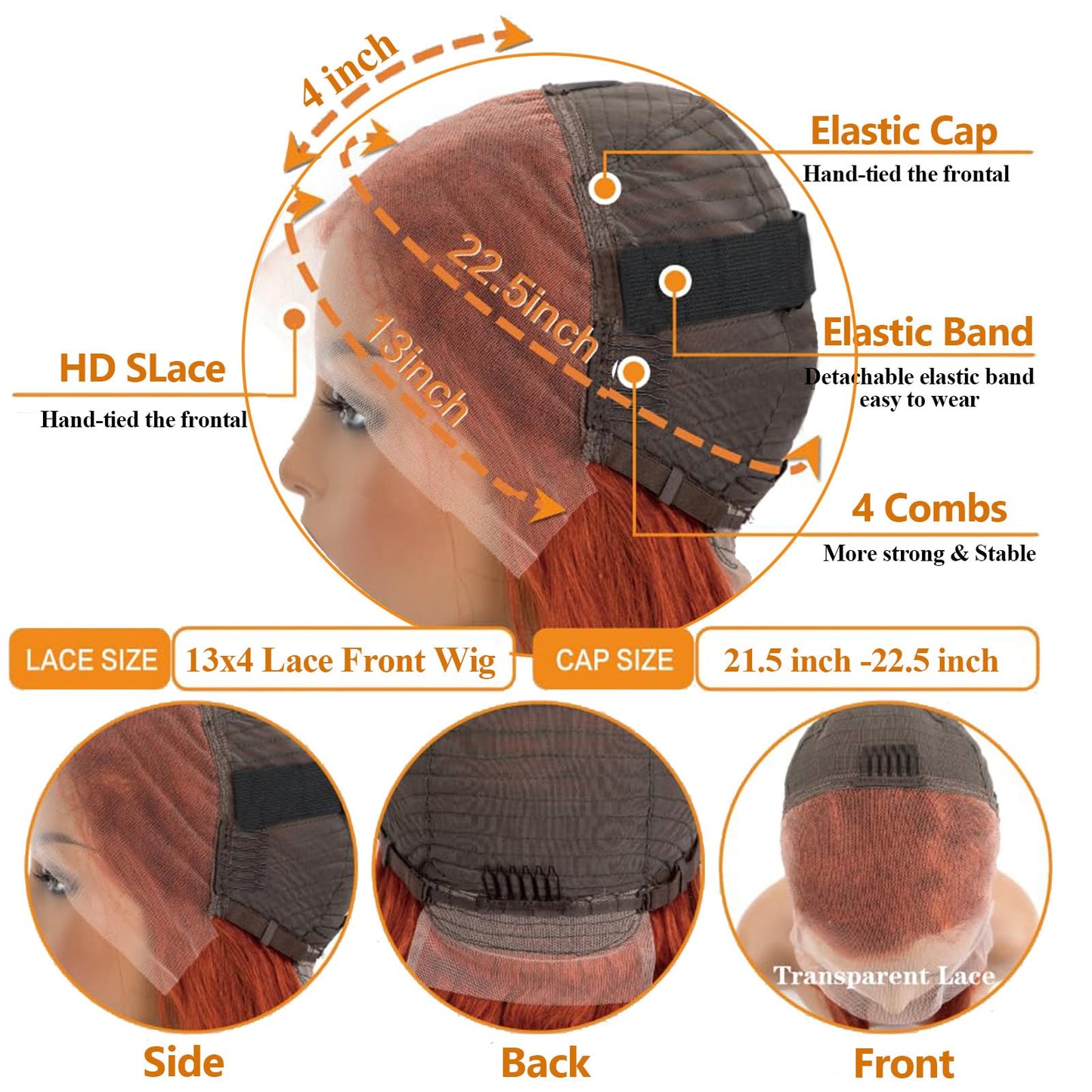 Ginger Lace Front Wigs Human Hair 13x4 HD Transparent Lace Frontal Ginger Orange Wig Human Hair Pre Plucked 180% Density Glueless Colored Lace Wig for Black Women 26 Inch