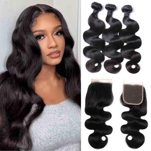 Brazilian Body Wave Virgin with Lace Closure(14 16 18 with12 Closure) Human Hair Unprocessed Hair with Closure 4X4 Lace Natural Black Hair