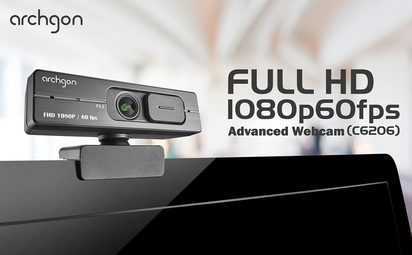 archgon 1080P/60fps Webcam C6206 Full HD Streaming Low-Light Correction Wide-Angle Lens Webcam with Dual Omni-Directional Microphone, Privacy Cover and Tripod Compatible with Teams Skype and Zoom