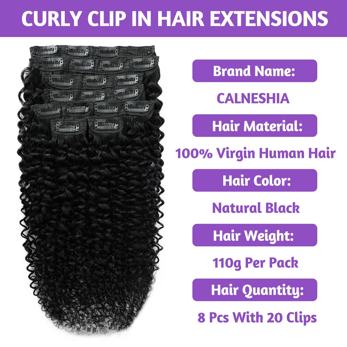 3C 4A Curly Clip In Hair Extensions Real Human Hair 24 Inch 110g 8pcs Kinky Curly Clip Ins Full Head for Black Women 100% Brazilian Remy Human Hair Extensions Natural Color with 20 Clips
