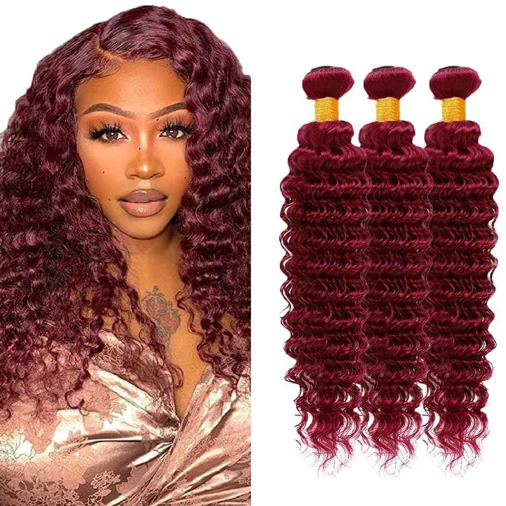 Giginger Bundles Human Hair Burgundy 99J Deep Wave Human Hair Bundles 26 28 30 inch Wine Red Unprocessed Quick Weave Soft Sewn In Hair Extensions for Black Women