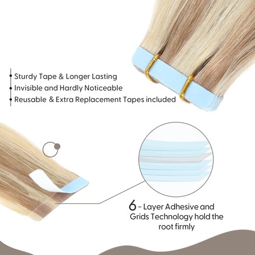 Jerriess Tape in Human Hair Extensions, Remy Seamless, Ash Blonde Highlighted Bleach Blonde(#P18/613) Straight, Silky & Thick, 22 Inch, 20pcs 50g, Easy to Install, Real Human Hair