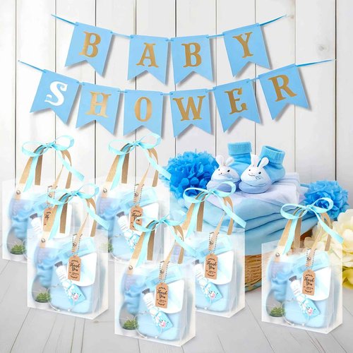 Acmee Baby Shower Prizes for Winners Gifts Headband Hair Brush Jewelry Box Plants Candles Bracelet Hand Cream Compact Powder Puff Hair Claw ribbon Gift Bag Beaded Necklace Bridal Shower(6 Sets-Blue)