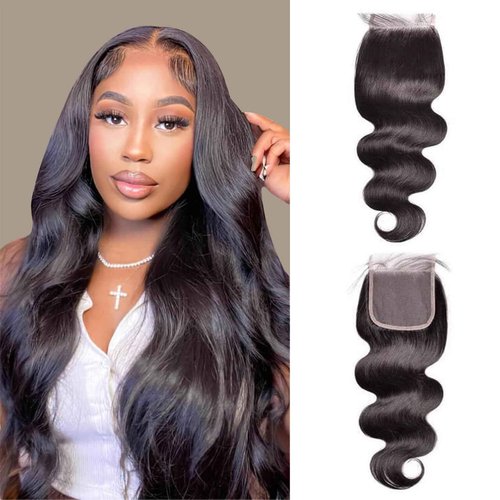 QDOMEIAI 14 Inch HD Lace Closure 4x4 Body Wave Human Hair, Swiss Invisible Lace with Pre Plucked Hairline, Baby Hair and Single Knot