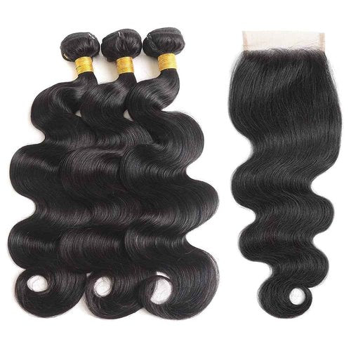 Bundles with Closure Human Hair Body Wave 20 22 24+18 Inch 100% Unprocessed Brazilian Virgin Human Hair 3 Bundles with Closure Human Hair Extensions with 4x4 Free Part Lace Closure Natural Black