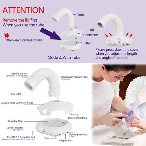 Nail Dust Collector Tech Professional: LED Light Flexible Tube 650PA Powerful Suction - Nail Dust Vacuum Machine 3 Adjustable Speeds Ultra-Quiet for Manicure Pedicure Model Craft Sanding