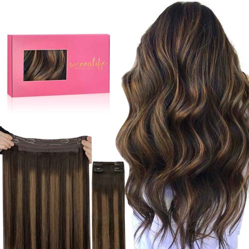 WENNALIFE Wire Hair Extensions (Increase 50% Lifespan) Real Human Hair 16 inch 125g Balayage Dark Brown to Chestnut Brown Remy Hair Invisible Transparent Wire Fish Line Straight Reusable Natural