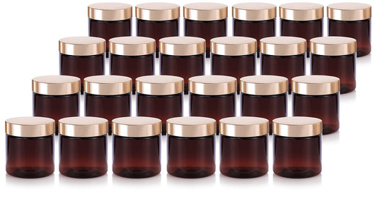 (24 pack) 4 oz Amber PET Plastic Jar with Gold Metal Overshell Lid