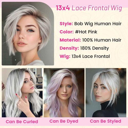Evala Bob Wig Human Hair Silver Wig 13x4 Lace Front Wig Human Hair Bob 10 inch #Silver Human Hair Bob Wig 180% Density Short Bob Wig Colored Bob Wig Human Hair
