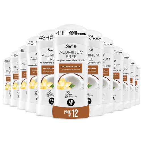 Suave Aluminum Free Deodorant for Women, Coconut & Vanilla, 48-Hour Odor Protection, Free of Talc, Parabens & Dyes 2.6 oz (Pack of 12)