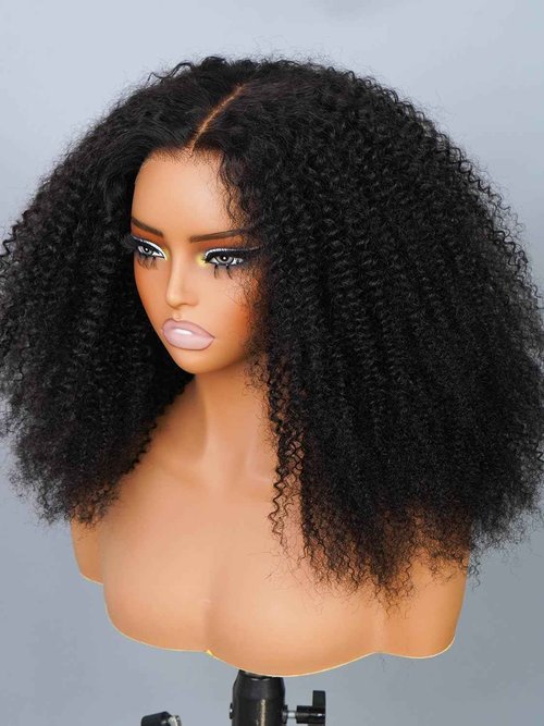 V SHOW Afro Kinky Curly Wear and Go Glueless Wigs Human Hair Pre Plucked Pre Cut 7x5 HD Lace Front Wigs Pre Bleached Bye Bye Knots 180% Density Afro Curly Lace Closure Wig Human Hair for Women 18 Inch
