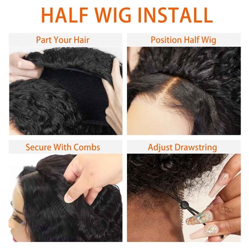 Prtyopp Kinky Curly Half Wig Human Hair Curly 3 In 1 Glueless Drawstring Seamless Flip 20 Inch Half Wigs Headband Wig for Women Beginner Friendly 200 Density