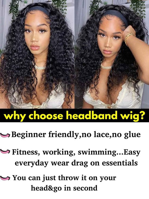 Liwsizxk Water Wave Headband Wig Human Hair 220 Density Upgrade Curly Drawstring Headband Wigs Human Hair Wear and Go Glueless Wigs for Black Women 22inch None Lace Front Wigs Natural Color